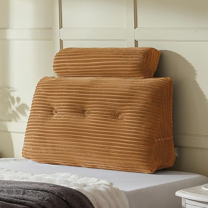 Headboard Wedge Pillow + A Long Neck Roll Pillow Body Pillow，Large Headboard Pillow with Removable Cover (Brown, Twin：39x8x20 inches)