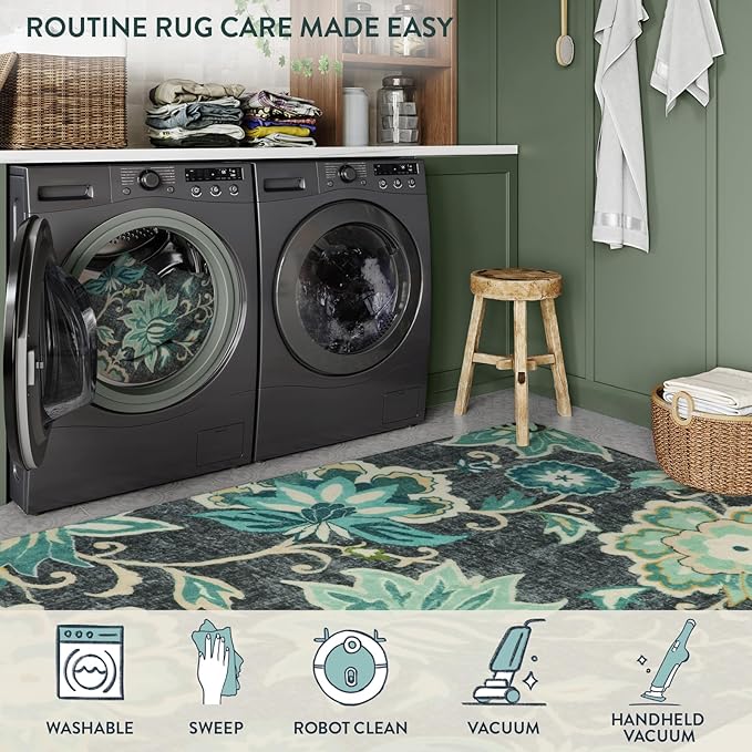Lahome Floral 5ft Round Rug - Washable Large Boho Round Rug for Living Room Non-Slip Throw Circle Rug for Dining Room Table, Soft Blue Paisley Print Floor Carpet for Bedroom Office Kitchen Entryway