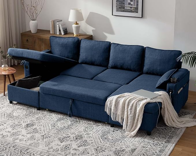 DURASPACE Sofa Bed Sleeper Sofa Pull Out Couch with Double Storage Chaise, Sectional for Living Room, U Shaped Couch with Removable Covers, Blue