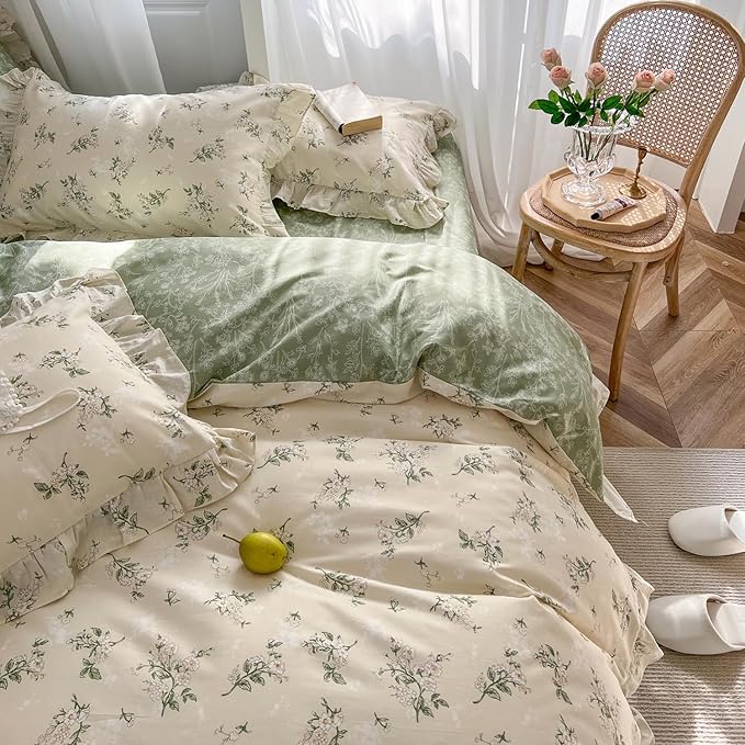 mixinni Reversible Green Floral Duvet Cover Set Queen Size - 100% Cotton Botanical Bedding Set with Ruffle Lace, 3PCs Beige Soft Aesthetic Cottagecore Style Duvet Cover for Girls