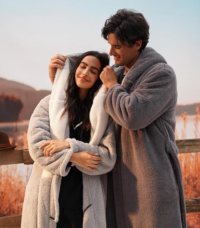 DAVID ARCHY Men's Hooded Robe Soft Coral Fleece Microfiber Bathrobe