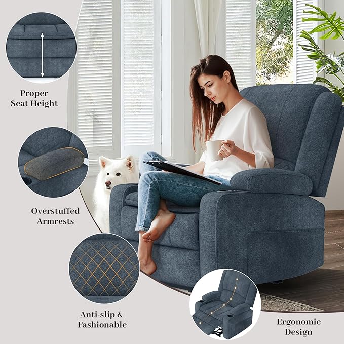 3 Seater Recliner Sofa Set with 2-Tier Cushion, 3+1+1 Pieces in Living Room, 3 Seater Reclining Couch Leather with Removable Console, 2 Oversize Recliner Chair Sofa Seat