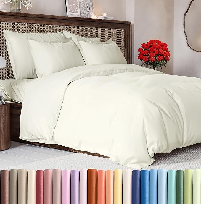 Duvet Cover Cal King Size Set - Extra Soft Cal King Size Duvet Cover 104 x 98 with 2 Pillow Shams - Hotel Luxury Easy Care & Fade Free w/Zipper Closures & Ties - Comfy Breathable Bedding Set (Ivory)