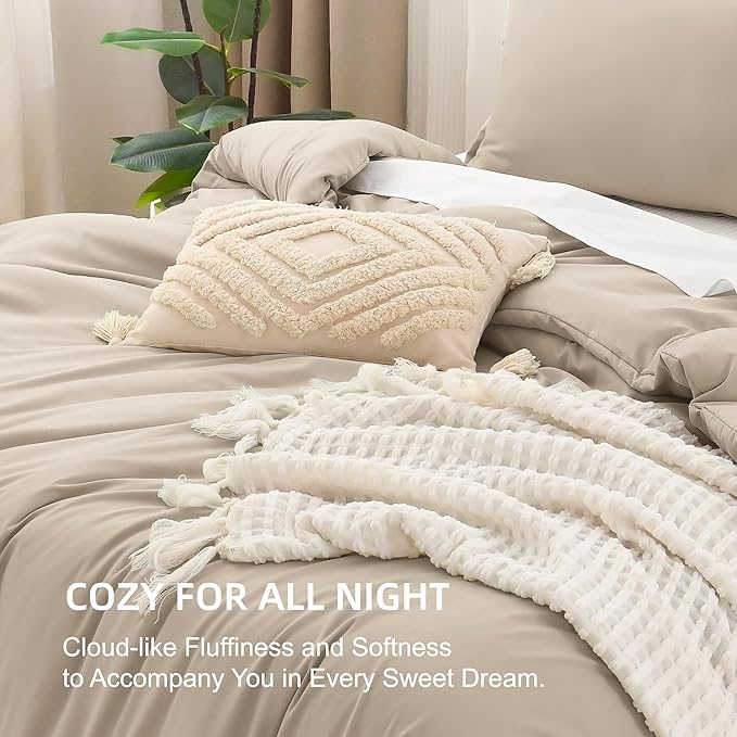 Litanika Comforter Set, Lightweight Solid Bedding Comforter Set, Fluffy Down Alternative Bed Set, Khaki, Queen
