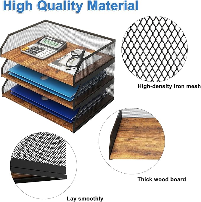 Natwind 3-Tier Stackable Paper Tray, Metal Mesh Desktop Organizer, Paper Sorter, Letter Trays,File Document Storage Rack for for Home, Office, School (Retro)