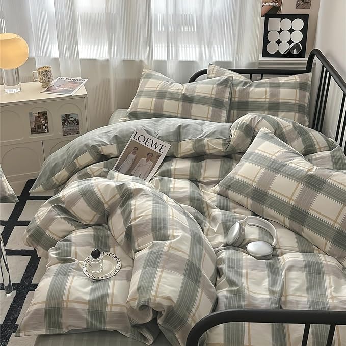 VM VOUGEMARKET Green Gingham Duvet Cover Full Size Simple Farmhouse Style Cotton Boy Men Buffalo Plaid Bedding Set 1 Duvet Cover with 2 Pillowcases