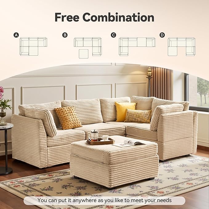 Modular Sectional Sofa,5 Pieces Sectional Couches for Living Room,131X65 L Shaped Cloud Couch with Ottoman Chaise Set