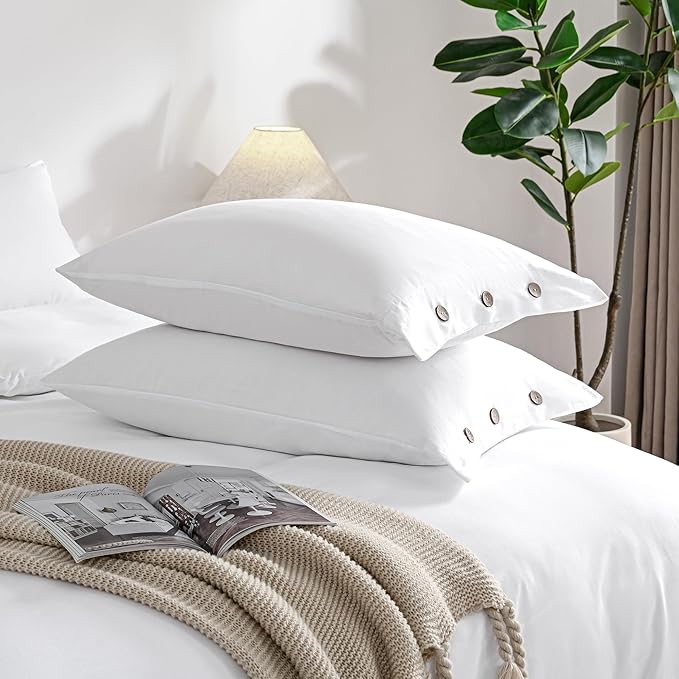 JELLYMONI Pillowcases Standard Set of 2 Cotton Button Pillow Covers 20×26in White Bed Pillow Cases 100% Washed Cotton Soft Breathable (Pillows are not Included)