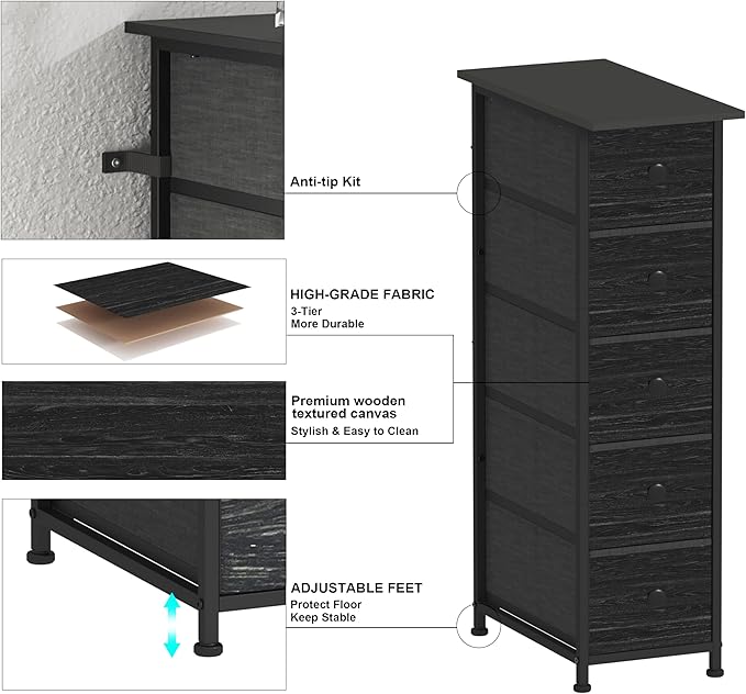 GiftGo Narrow Dresser Vertical Slim Dresser Chest of Drawers Skinny Storage Tower for Small Spaces Gaps Closet Bedroom Bathroom Small Fabric Drawer Unit (Charcoal Black, 5 Drawers)