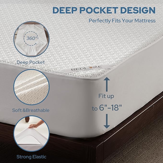 BEDLORE King Mattress Protector, Waterproof Noiseless Mattress Cover with Deep Pocket for 6-18 inches Mattress, Soft Breathable Mattress Pad Machine Washable (White)