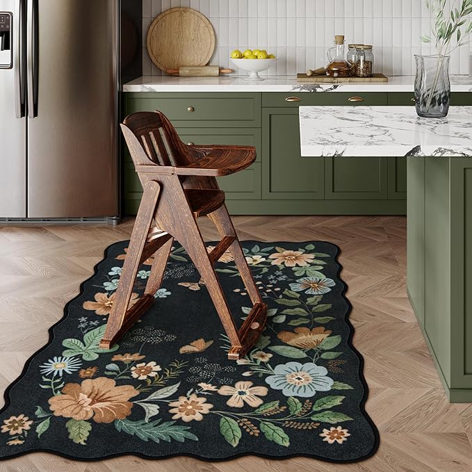 Lahome Floral Machine Washable Rug, 3x5 Rug Non Slip Soft Bedroom Rugs for Entryway Dorm, Ultra-Thin Boho Rugs for Living Room Stain Resistan Throw Carpet for Nursery Entrance, Black/Grey