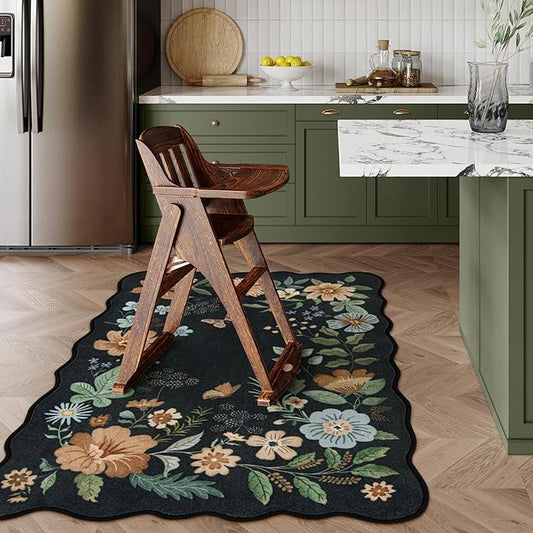 Lahome Floral Machine Washable Rug, 3x5 Rug Non Slip Soft Bedroom Rugs for Entryway Dorm, Ultra-Thin Boho Rugs for Living Room Stain Resistan Throw Carpet for Nursery Entrance, Black/Grey