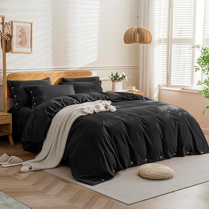 JELLYMONI Cotton Duvet Cover King Size - Pure Black Comforter Cover with Button 100% Washed Cotton 3PCS Breathable Soft Solid Bedding Set Duvet Cover 104×90in & 2 Pillowcases (NO Comforter)