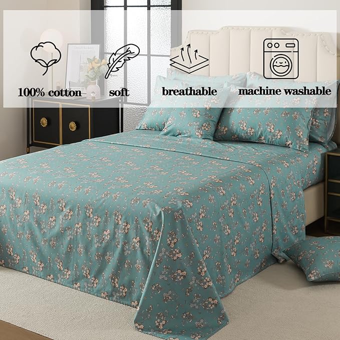 FADFAY 100% Percale Cotton Sheets Set - Vintage Floral & Butterfly Print Bedding - Crisp, Breathable Teal Aqua 4 Piece Sheet Set with Deep Pocket, California King Size