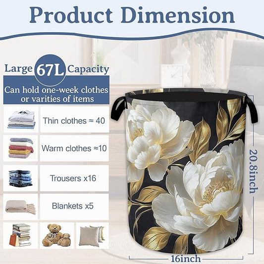 White Flowers Laundry Hamper With Handle,Foldable Oxford Cloth Glitter Blooming Laundry Basket,20.8"x16" Clothes Storage Basket for Laundry Room/Bedroom/Bathroom