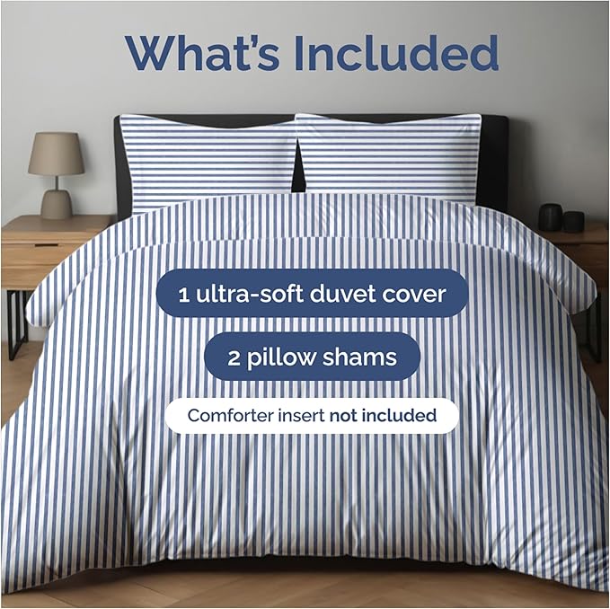 Duvet Cover King Size Set - Extra Soft King Size Duvet Cover 104 x 90 with 2 Pillow Shams - Hotel Luxury Easy Care and Fade Free w/Zipper Closures & Ties - Comfy Breathable Bedding Set (Blue Stripes)