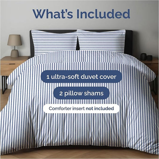 Duvet Cover King Size Set - Extra Soft King Size Duvet Cover 104 x 90 with 2 Pillow Shams - Hotel Luxury Easy Care and Fade Free w/Zipper Closures & Ties - Comfy Breathable Bedding Set (Blue Stripes)