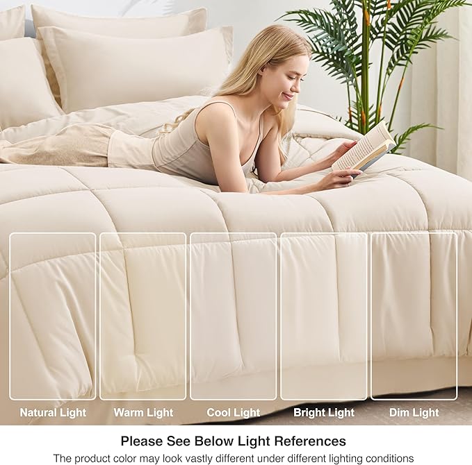 Love's cabin Queen Comforter Set Beige, 7 Pieces Queen Bed in a Bag, All Season Bedding Sets with 1 Comforter, 1 Flat Sheet, 1 Fitted Sheet, 2 Pillowcase and 2 Pillow Sham
