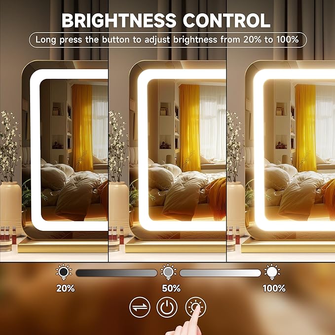 Hasipu Vanity Mirror with Lights, 22.8" x 18" LED Makeup Mirror, Lighted Makeup Mirror with Dimmable 3 Modes, Touch Screen Control Vanity Mirror Round Gold