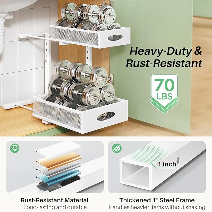 Under Sink Organizer, 1-Pack Pull Out Cabinet Organizer 2 Tier Metal Slide Out Storage Shelf Rack, L-Shaped Adjustable Height,Mesh Sliding Drawer for Kitchen, Bathroom, Laundry, Pantry, White, XL