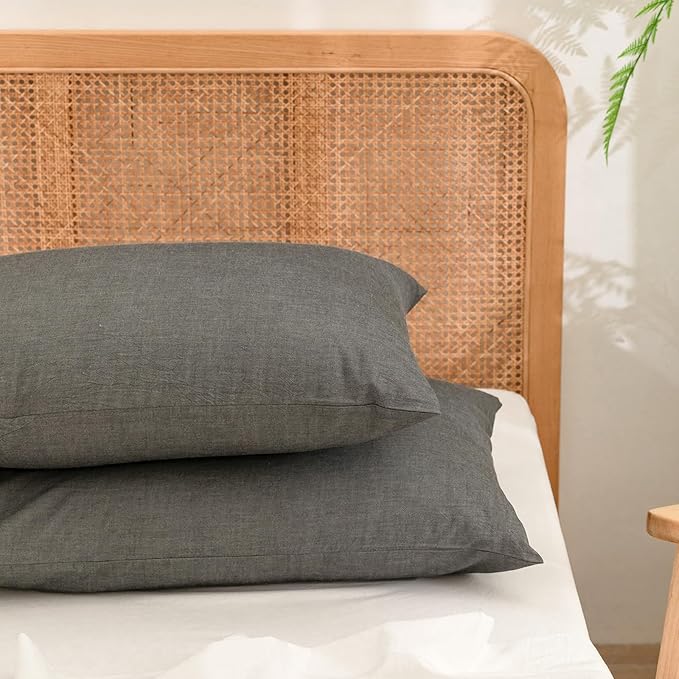BESTOUCH 100% Washed Cotton Pillowcase for Hair and Skin Linen Feel Soft Comfortable Breathable 2 Set Pillow Case with Envelope Closure Solid Dark Grey Queen 20x30 Inches