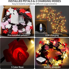 Rose Blossom Enchanted Willow Vine Lights, 7.55FT 144LED 3 Color Rose Blossom Tree Branch Lights for Wall, Remote Timer,8 Light Model,Bedroom Wall Doors Wedding, Christmas, USB Battery Box