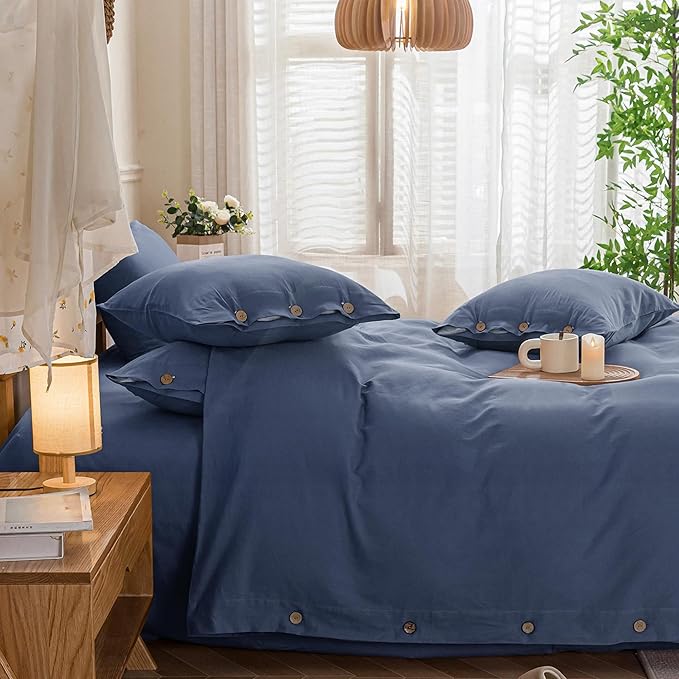 JELLYMONI Cotton Duvet Cover Queen Size - Blue Comforter Cover with Button 100% Washed Cotton 3PCS Breathable Soft Solid Bedding Set Duvet Cover 90×90in & 2 Pillowcases (NO Comforter)