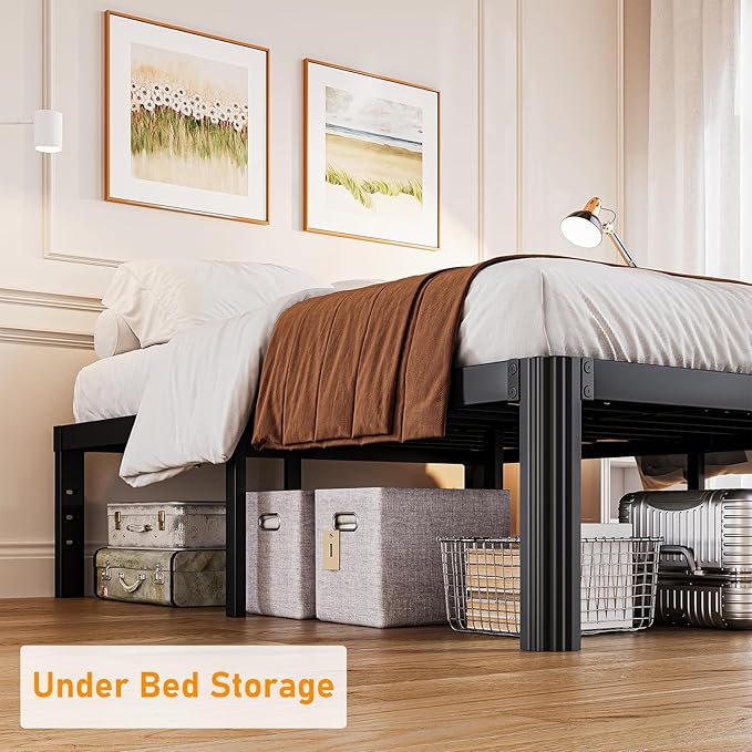 Askeld Bed Frame King, 16 Inch High Metal Platform Bed with Round Corner Leg, No Box Spring Needed, Heavy Duty Noise-Free Bed Base, Easy Assembly, Black