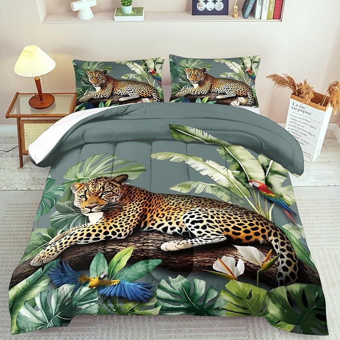 Animal Leopard Print Comforter Set Full Animal Cheetah Print Comforter Set Boys Girls Floral Leopard Bedding Bedroom Decor Floral Cheetah Bedding Full Jungle Plant Room Decor