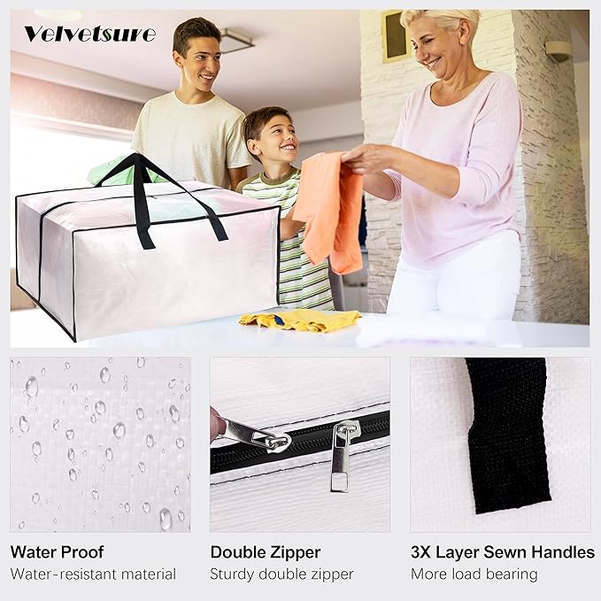 6 Pack Heavy Duty Extra Large Moving Bags W/Backpack Straps - Strong Handles & Zippers, Storage Totes For Space Saving, Fold Flat, Alternative to Box and Bin (40 gal, Semi-Transparent+Blue+Black)