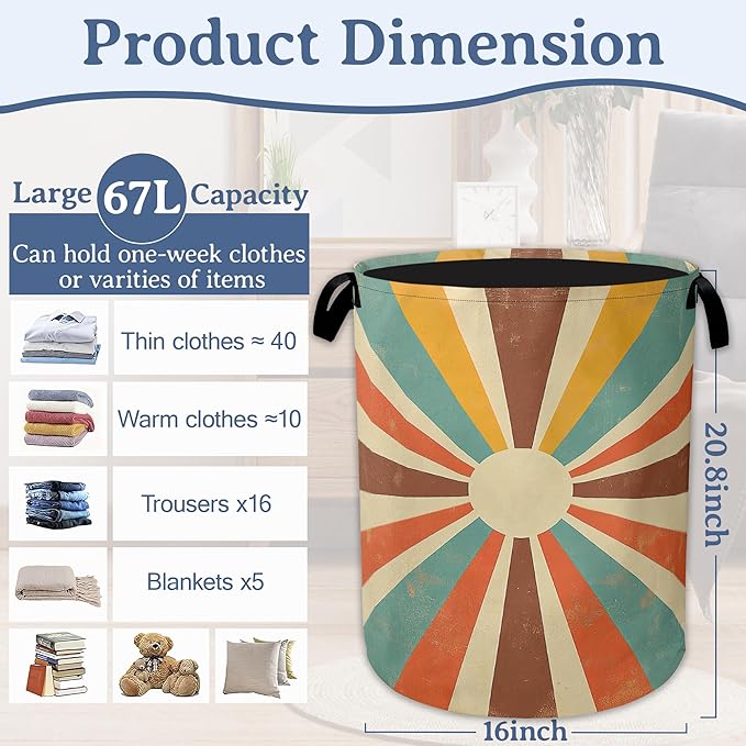 Vintage Sun Laundry Hamper With Handle,Foldable Oxford Cloth Sunrise Sunset Laundry Basket,20.8"x16" Clothes Storage Basket for Laundry Room/Bedroom/Bathroom