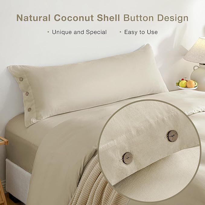 JELLYMONI Pillowcase Body Cotton 1pc Button Light Khaki Pillow Case 20×54in 100% Washed Cotton Soft Breathable Pillow Covers(Pillows are not Included)