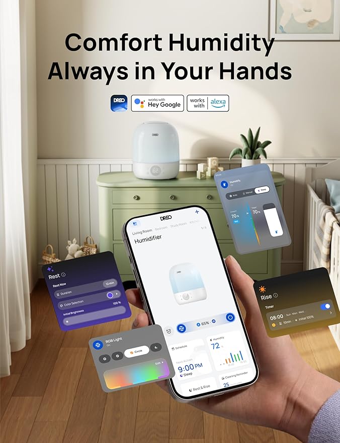DREO Humidifier 409S, Humidifiers for Bedroom Baby, Ultra Quiet 28dB & 3L Top Fill Cool Mist Humidifier for Nursery, Smart Air humidifier for Plants, 1500+ RGB Night Light & Sleep Routine Trainer