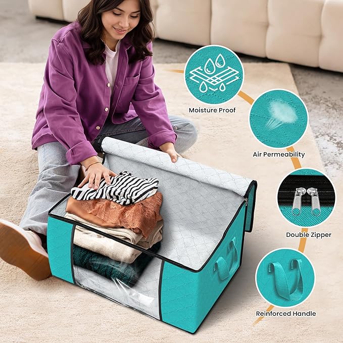 Fab totes Storage Bags,Clothes Blanket Storage Bins Foldable Closet Organizers with Reinforced Handle for Home Dorm Storage and Organization,Fabric Bags for Organizing Sheets,Clothing (Green,4 Pack)