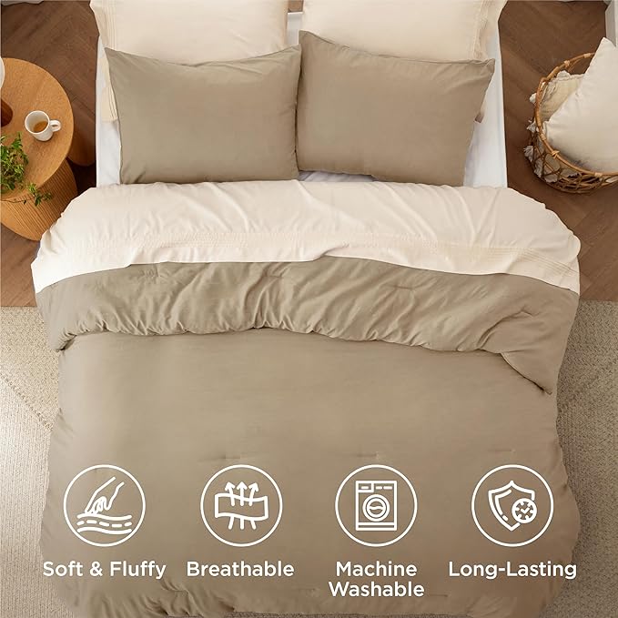 Bedsure California King Size Comforter Set, Khaki Soft Prewashed Bedding for All Seasons, 3 Pieces GentleSoft™ Down Alternative Bed Set, 1 Lightweight Comforter (104"x96") and 2 Pillowcases (20"x36")
