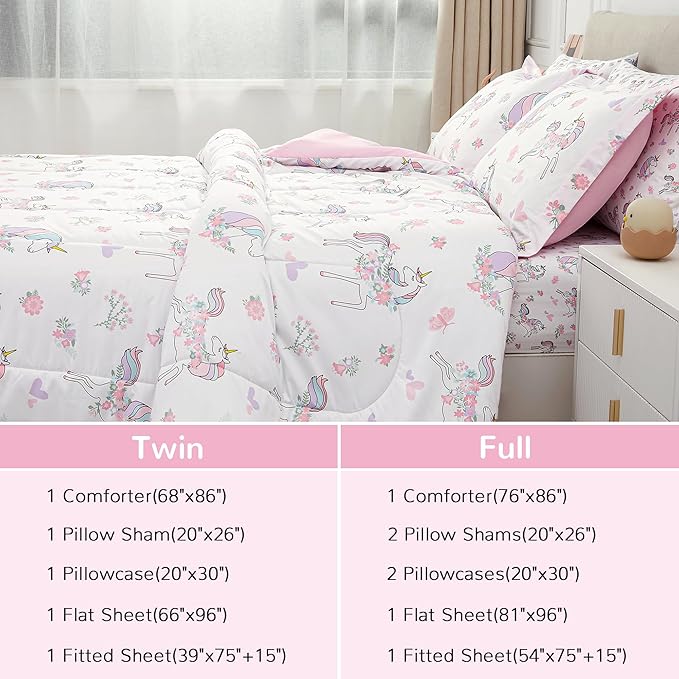 Viviland Kids Twin Bedding Sets for Girls, Soft Twin Comforter Set with Sheets, 5 Pieces Microfiber Bed in a Bag, White Unicorn