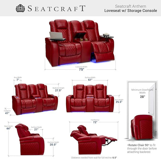 Seatcraft Anthem Home Theater Seating - Italian Leather - Power Recline Loveseat - Center Storage Console - Powered Headrests - Arm Storage - USB Charging - Cup Holders, Red
