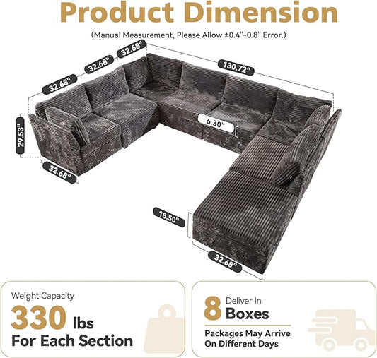Large 8 Seat Modular Sectional Sofa with Ottoman Seat Corduroy Sleeper Sectional Sofa Bed Oversized Convertible Modular Couch for Living Room