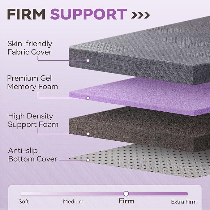 BDEUS 3 inch Firm to Extra Firm Memory Foam Mattress Topper Twin XL Size, Supportive Mattress Pad for College Dorm Room, Foam Bed Topper with Senior Grey Cover, CertiPUR-US Certified