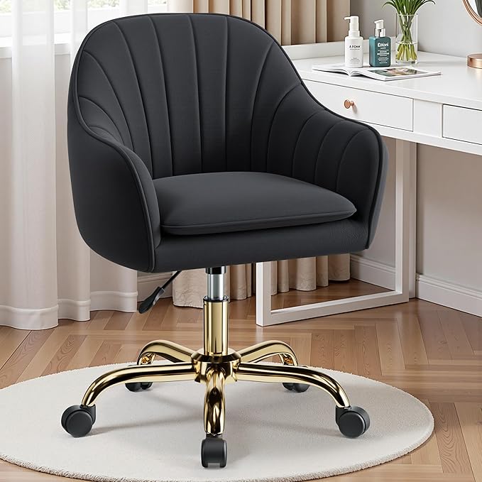 Vanity Chair with Wheels, Comfy Home Office Desk Chairs Adjustable Modern Velvet Makeup Vanity Chairs for Bedroom Living Room-Black