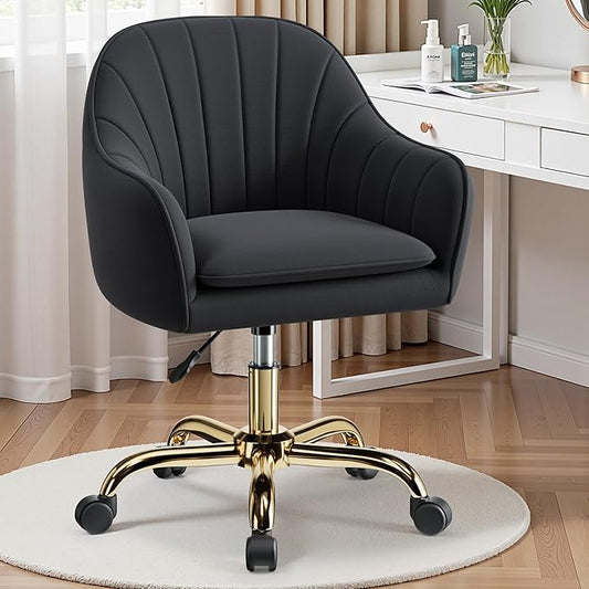 Vanity Chair with Wheels, Comfy Home Office Desk Chairs Adjustable Modern Velvet Makeup Vanity Chairs for Bedroom Living Room-Black