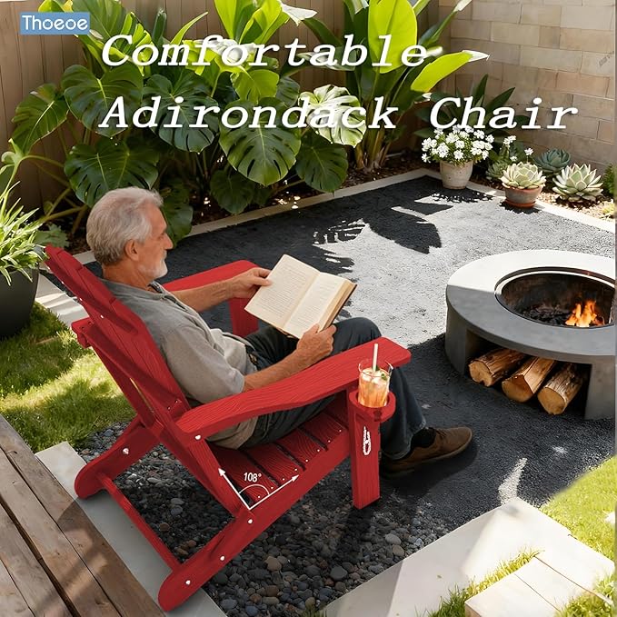Adirondack Chair Set of 2, Folding All-Weather Outdoor HDPE Patio Chair with Cup Holder, Red