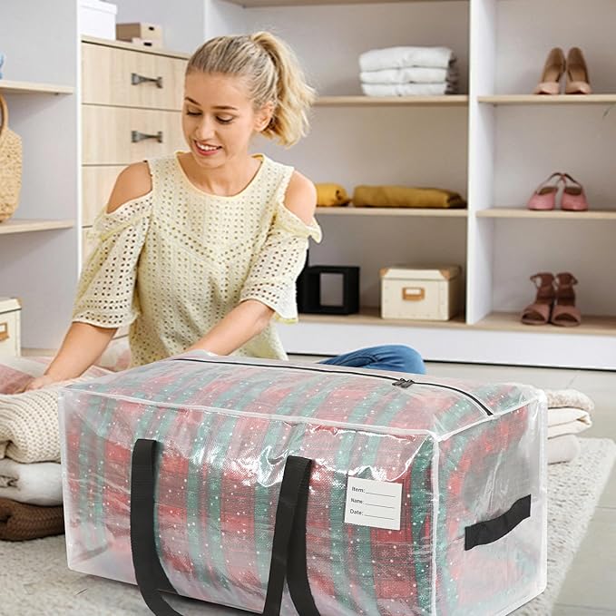 2 Pack Extra Heavy Duty Large Moving Bags with Comfortable Handle & Strong Zipper,Storage Totes for Space Saving Moving Storage College Supplies Alternative to Moving Box,Clear