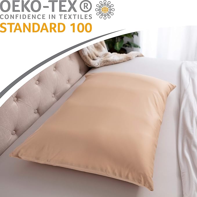 PILLOWY Premium Microbead Bed Pillow, X-Large Extra Fluffy But Supportive - Ultra Comfortable Sleep with Silk Like Anti Aging Cover 85% Spandex/ 15% Nylon Breathable, Cooling Barely Beige