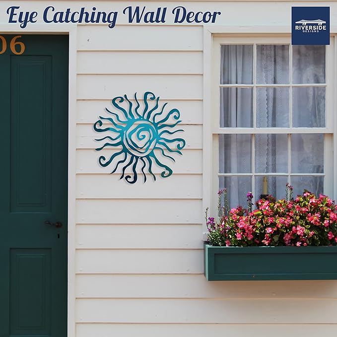 Riverside Designs Wacky Sun Metal Wall Art Indoor/Outdoor Decor - 24" Teal Rust Proof Wall Sculpture - Made in USA - Ideal for Bedroom, Garden, Home, Patio and Farmhouse
