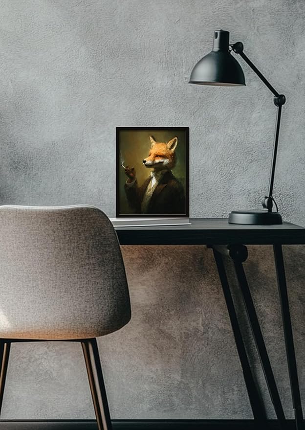 Funny Elegant Animal Wall Art Print Mr. Fox In Thinking Poster Vintage Canvas Art Wall Decor Picture For Bedroom Office Bathroom Wall Decor Aesthetic Home Artwork 8" × 10" With Framed