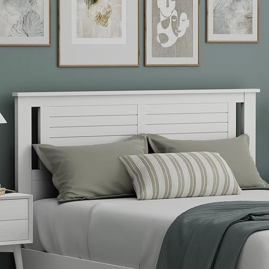Serene Poplar Wood Queen Size Headboard in White, Modern Farmhouse Panel with Horizontal Scoring, Casual Coastal Style, Easy Assembly, Quality Materials