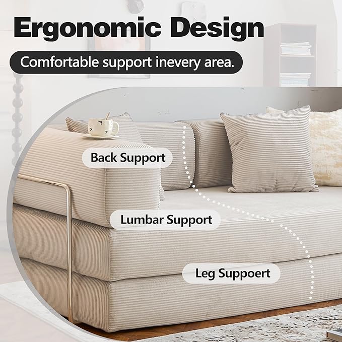 78.8" Convertible Sofa Bed -Compression Sofa with Corduroy Fabric - with Armrests and Backrest - Modular Sectional for Living Room, Bedroom, Studio - Compression Sofa in Box (Beige)