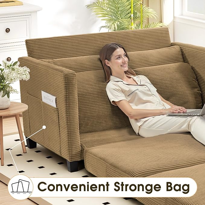 51" Convertible Loveseat Sofa Bed, 2-in-1 Folding Sofa Bed with 2 Pillow for Small Spaces, Modern Loveseat Sleeper Couch for Apartment, Living Room & Guest Room (Brown Corduroy, 51 inch)