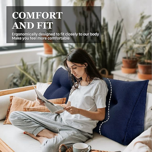 11 lbs Thickened Wedge Pillow Headboard Body Positioner Triangular Reading Pillow Bed Bolster Pillow for Sitting in Bedwith Removable Cover Gift for Mom Backrest Cordury Blue Queen